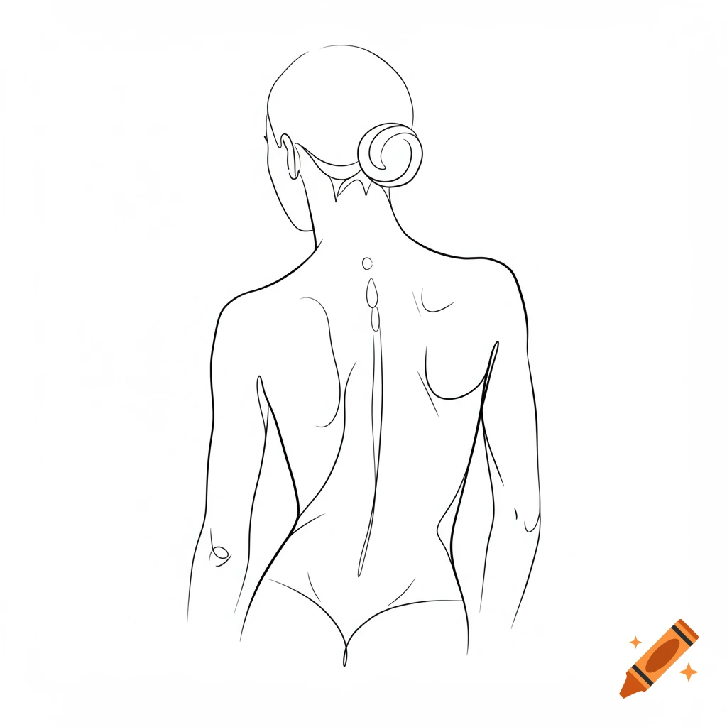 Minimalist line art drawing of a woman's back with hair tied in a bun.