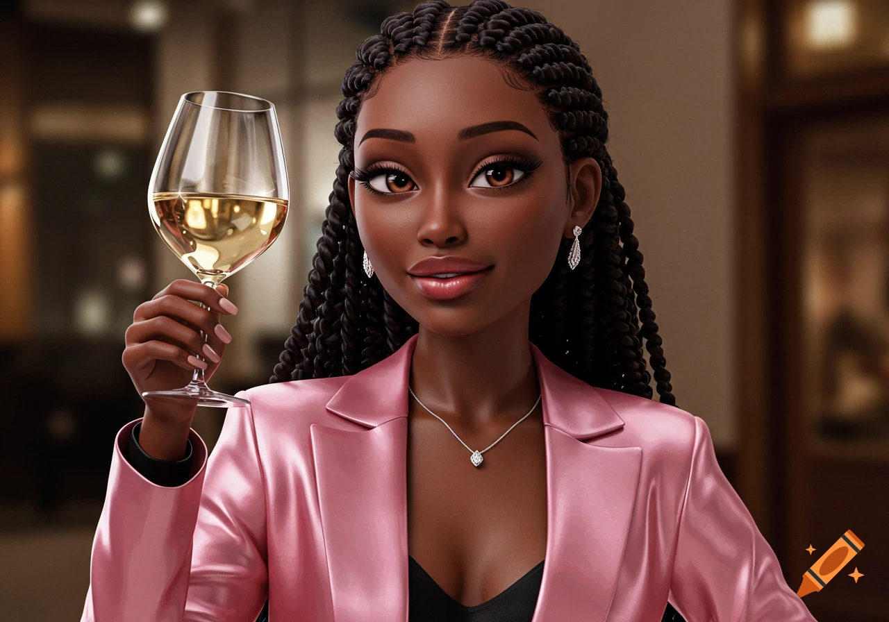 A stylized portrait of a glamorous Black woman with long braids, wearing a pink satin suit, holding a glass of white wine.