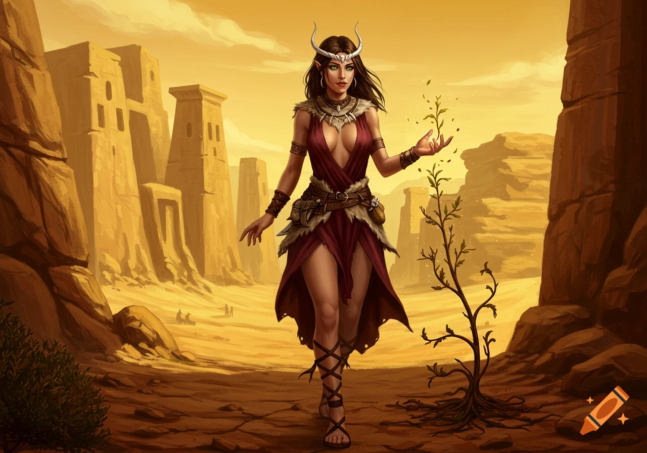 A horned fantasy woman in a crimson dress casts magic on a plant in a prehistoric desert city.