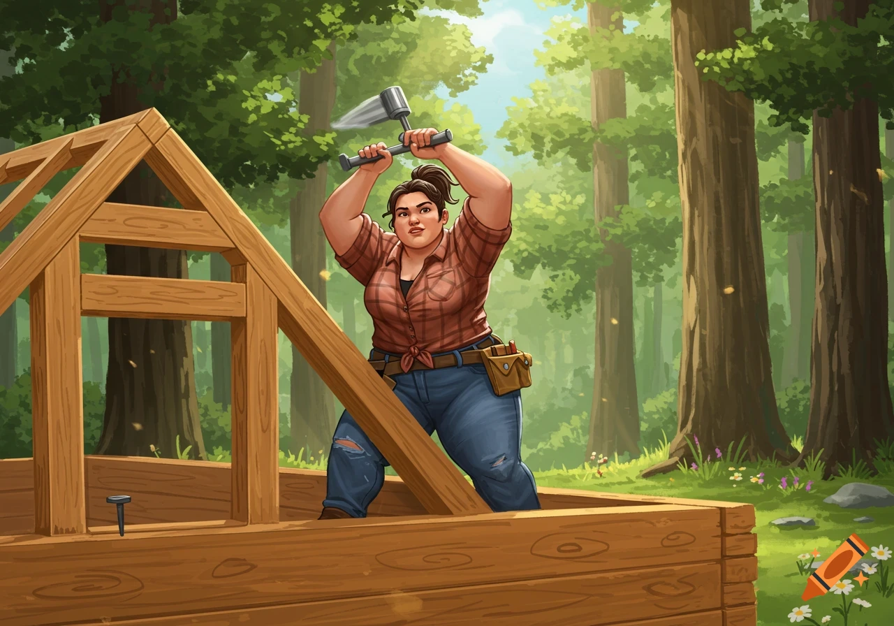 An illustrated curvy woman raises a hammer to build a wooden cabin in a lush forest.