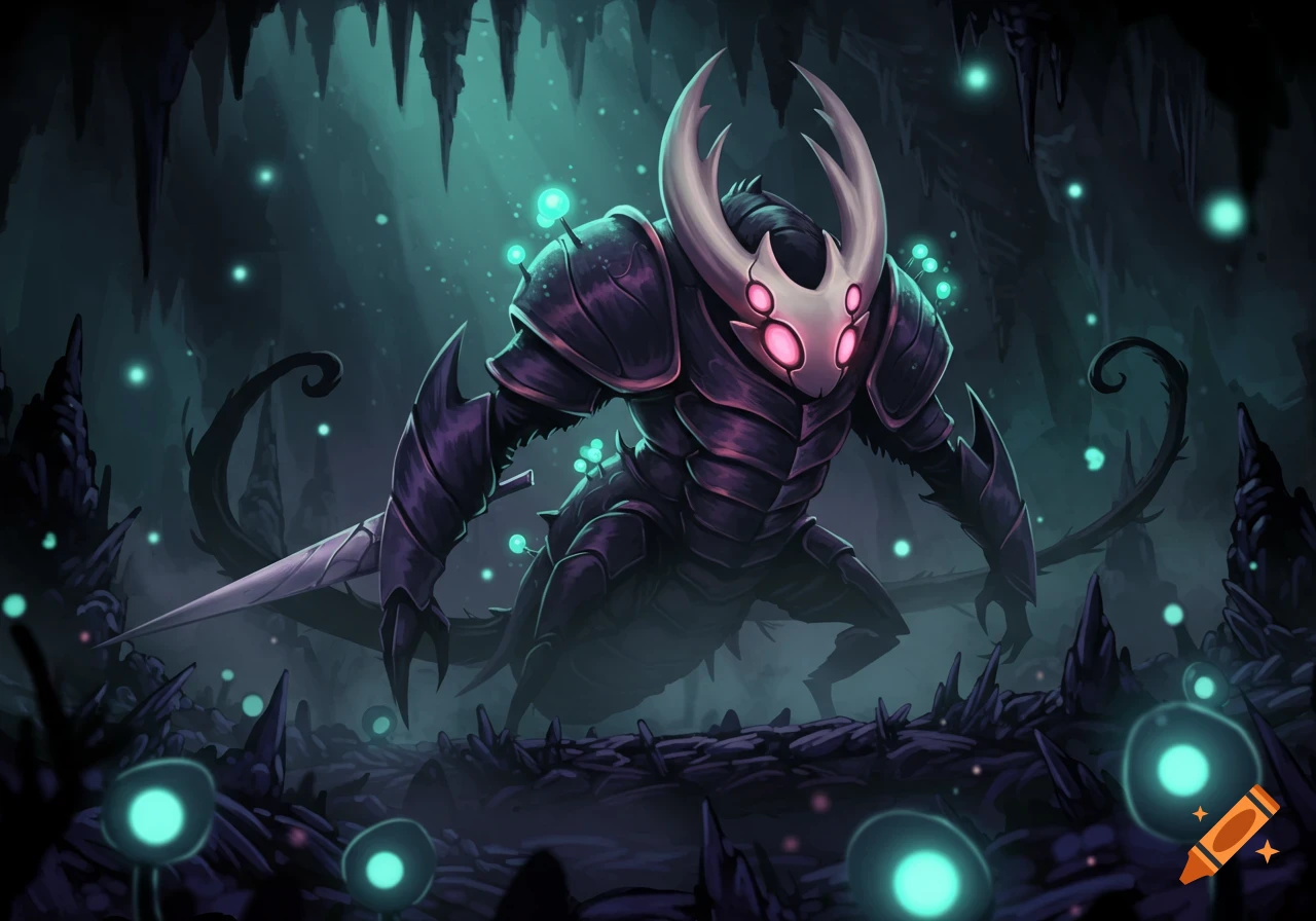 An armored, bug-like boss with glowing pink eyes and large horns stands in a dark, bioluminescent cave, holding a sword. Stylized art.