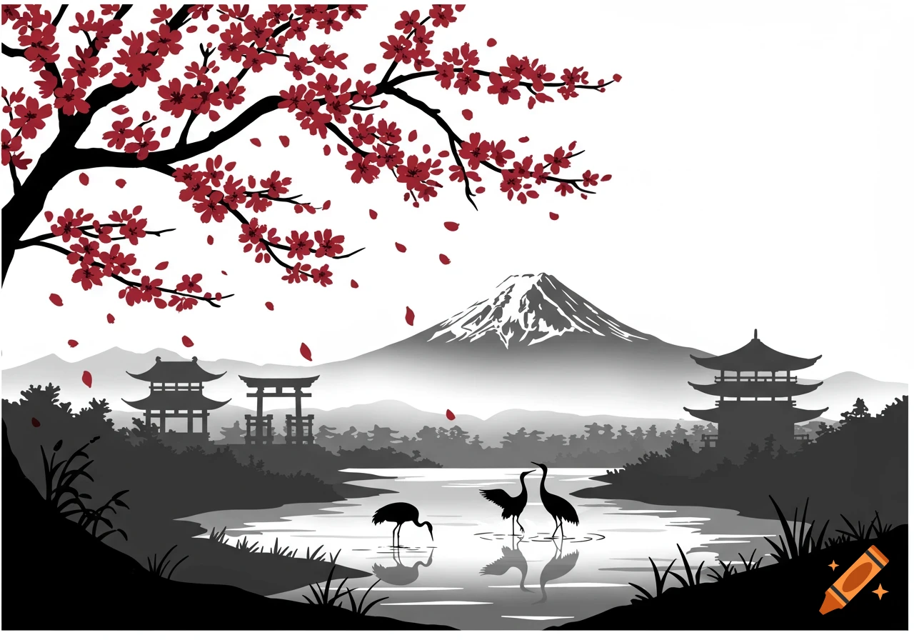 A minimalist Japanese landscape illustration with a red cherry blossom tree, Mount Fuji, temples, a torii gate, a lake, and cranes.