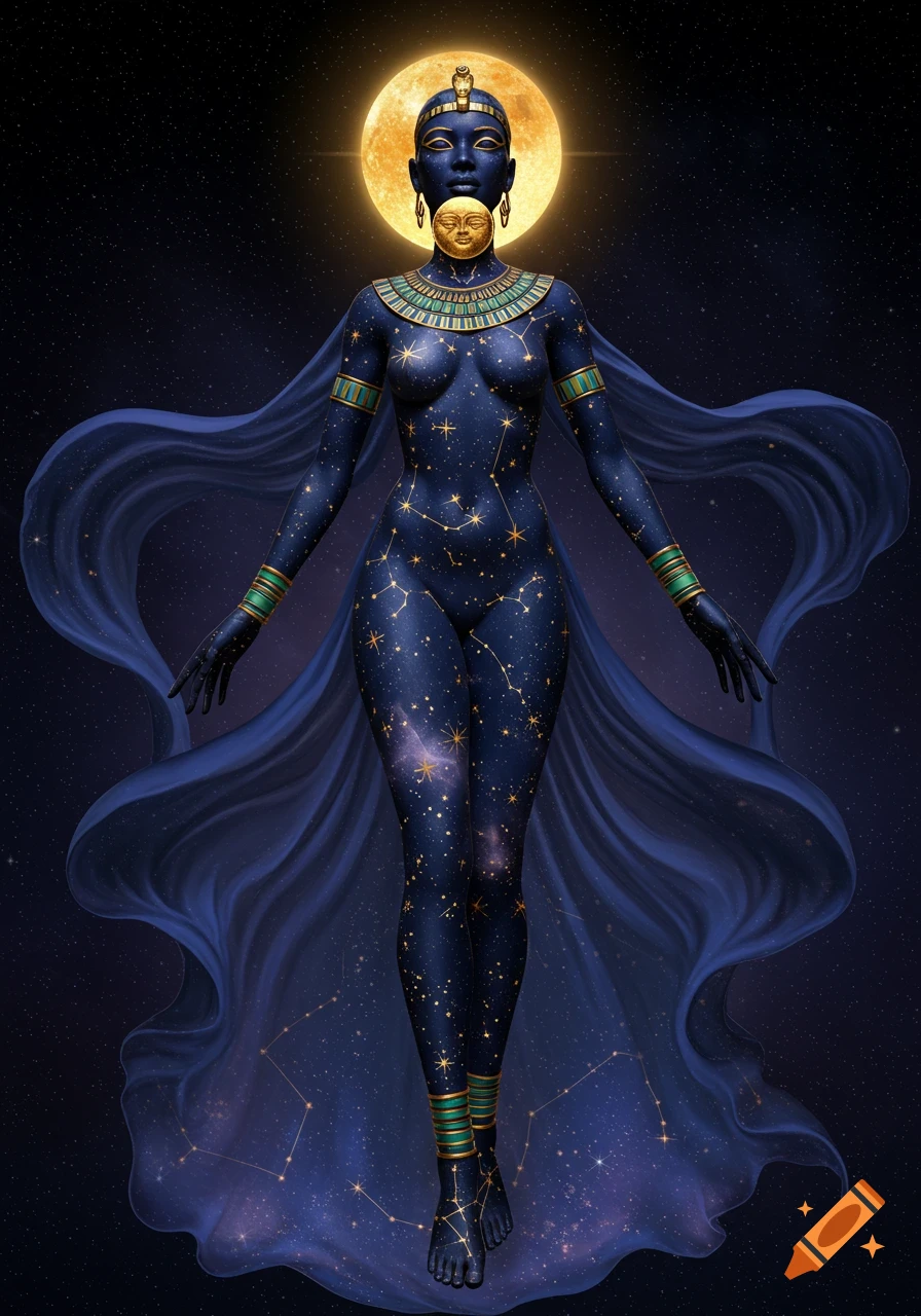 A stylized celestial goddess with a starry dark blue body stands before a golden moon, draped in flowing blue fabric.