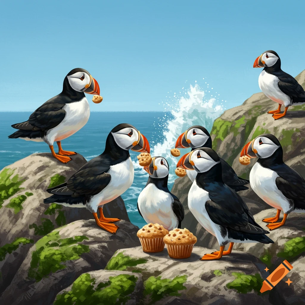 Illustration of several Atlantic puffins on a rocky coast, some holding cookies, with muffins on the rocks by the ocean.