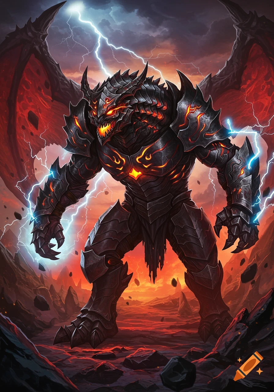 A fearsome black and red armored dragon-like monster with glowing eyes and chest stands in a volcanic landscape under a lightning storm.