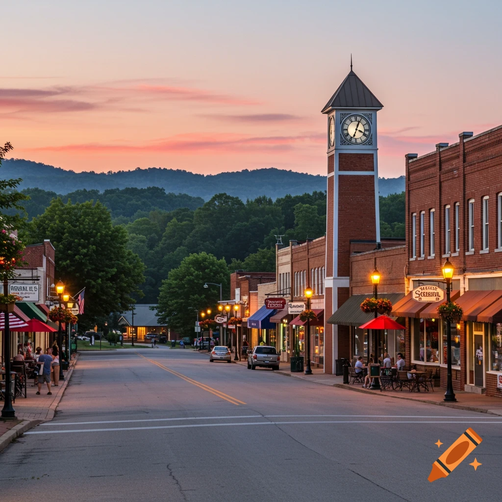 A charming small town main street at dusk, with brick buildings, illuminated shopfronts, a prominent clock tower, and distant mountains under a colorful sky.