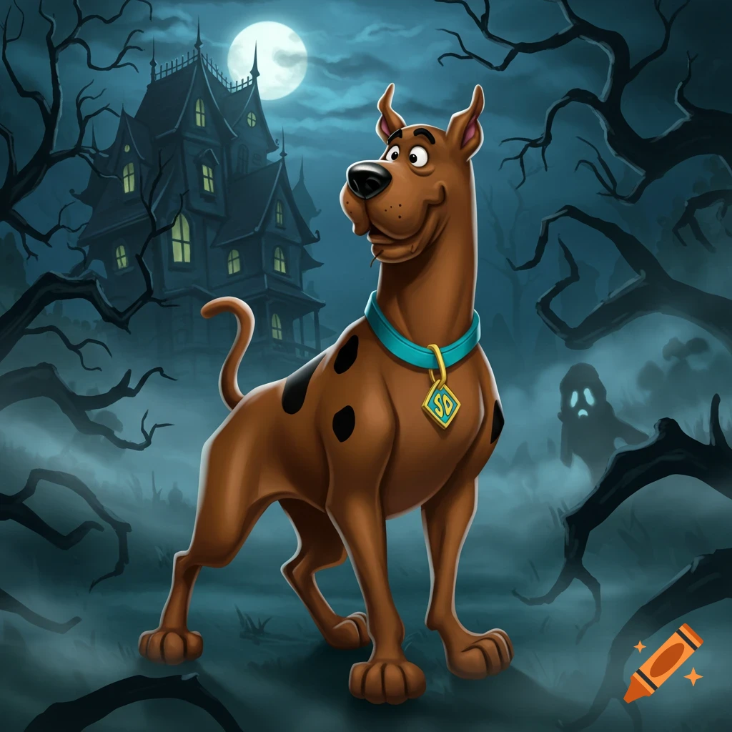 Scooby Doo stands in a foggy graveyard in front of a haunted mansion under a full moon, a ghost floats in the background.