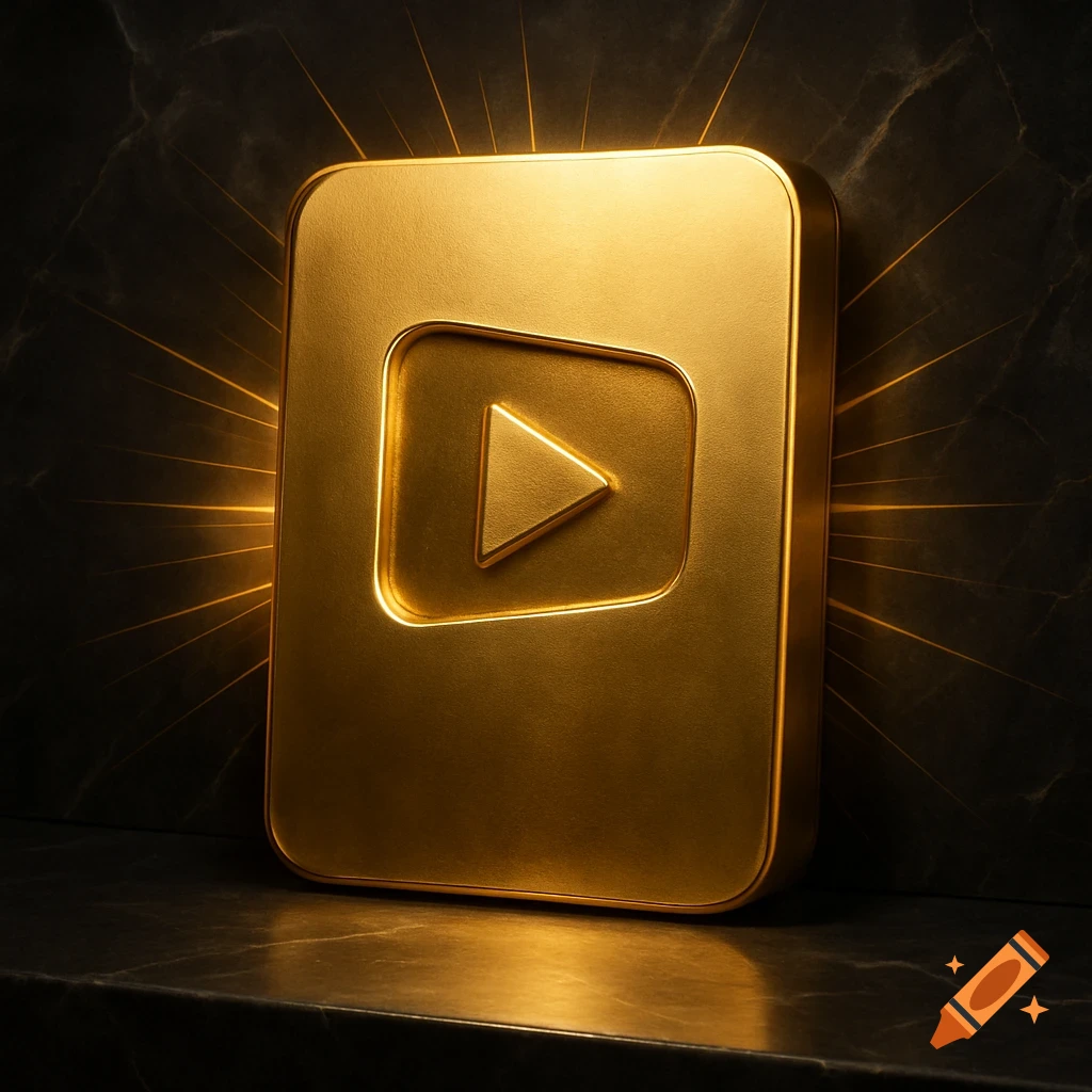 Shiny, embossed golden YouTube play button glowing on a dark marble surface with golden light rays.