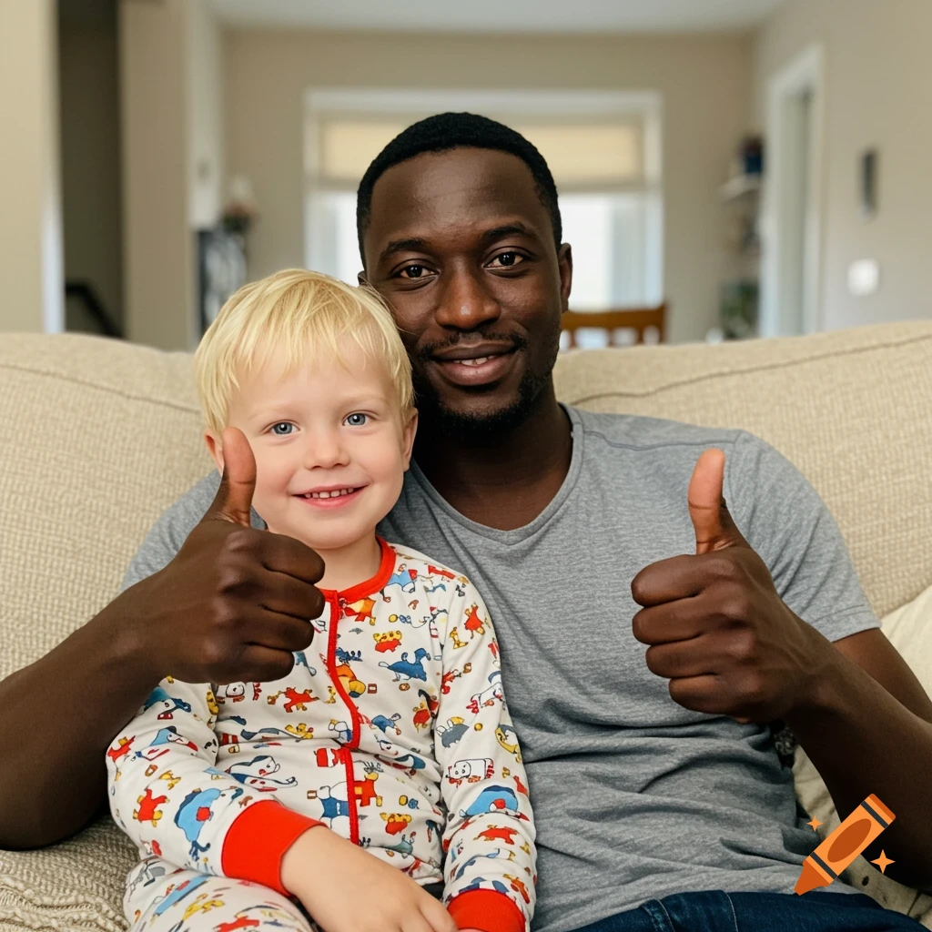 A blonde-haired boy in pajamas and an African man on a couch, both smiling and giving thumbs up.