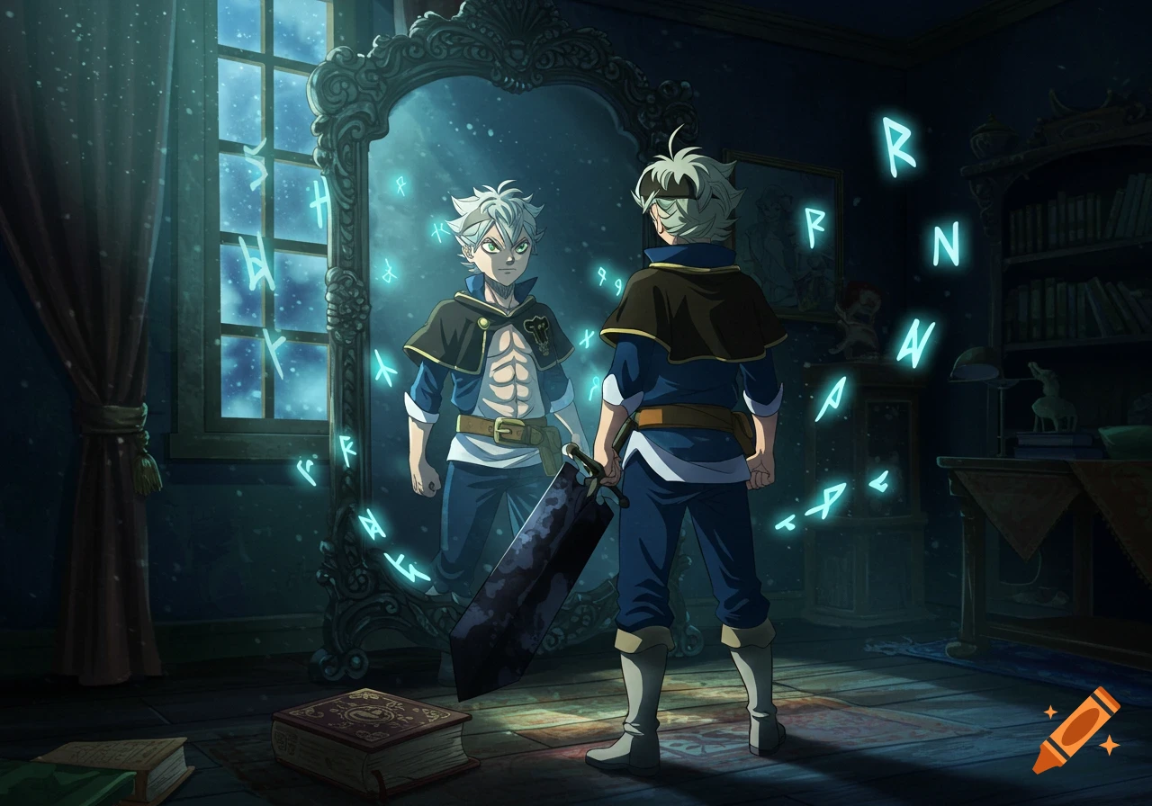 An anime character with white hair and a large sword looks at his reflection in a ornate mirror, surrounded by glowing blue runes in a dark, magical room.