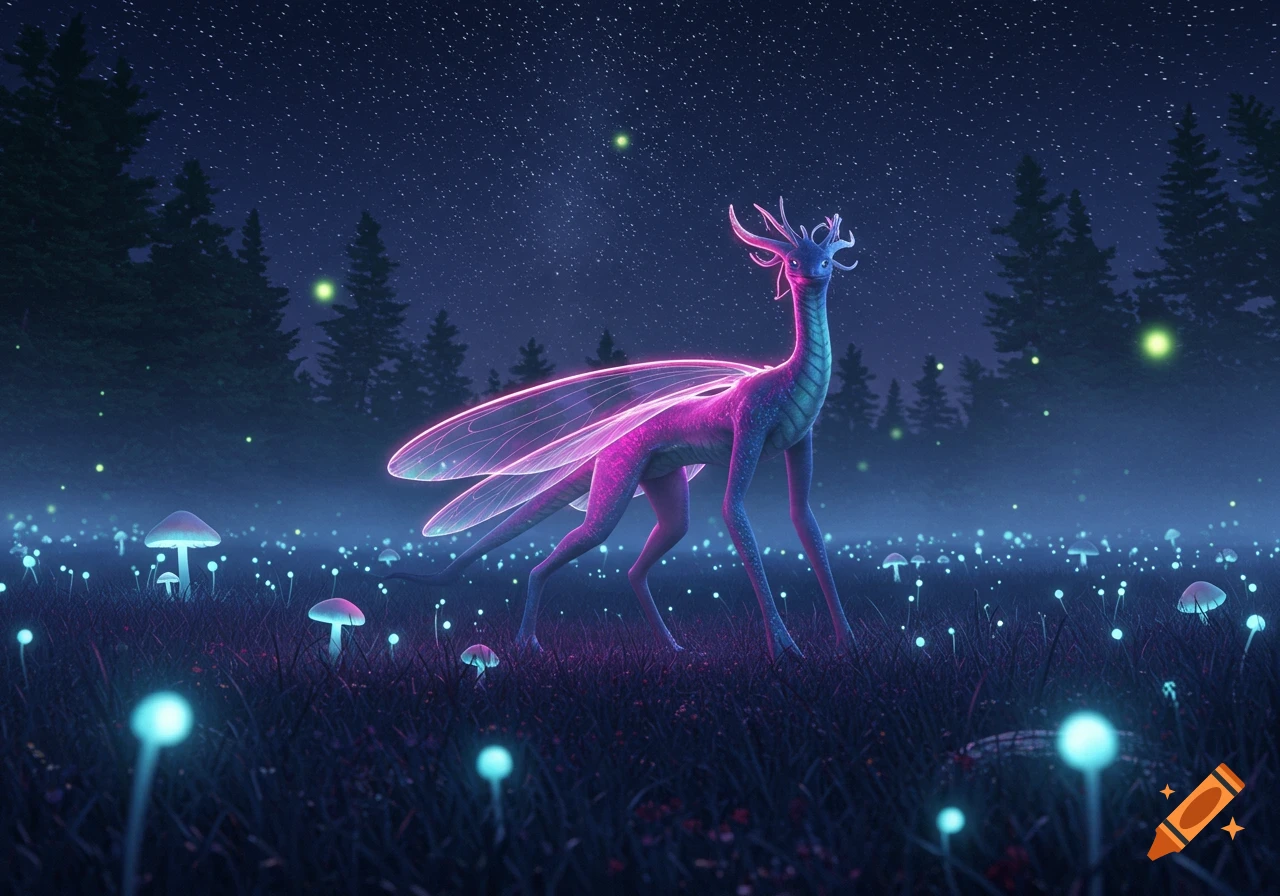 A glowing purple and blue deer-like creature with translucent wings stands in a magical forest at night, surrounded by luminous mushrooms and fireflies.