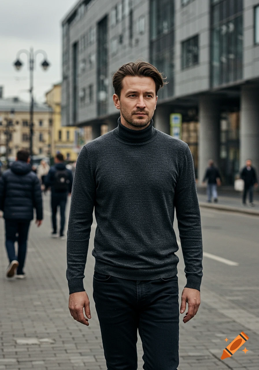 A man with brown hair and a beard, wearing a dark grey turtleneck and black jeans, walks confidently on a city street.