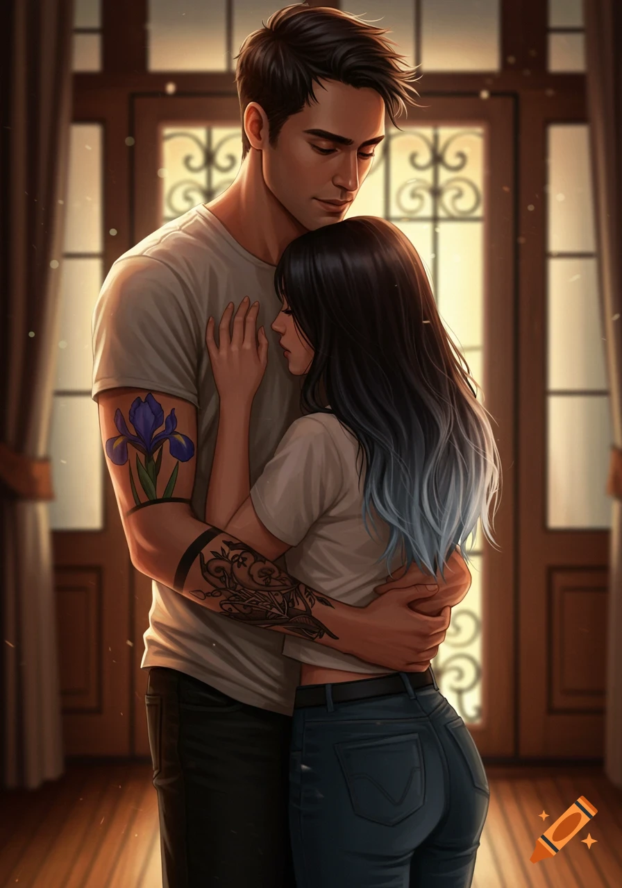 A man and woman lovingly hugging, with the man's arm tattooed with an iris and the woman's hair dip-dyed silver.