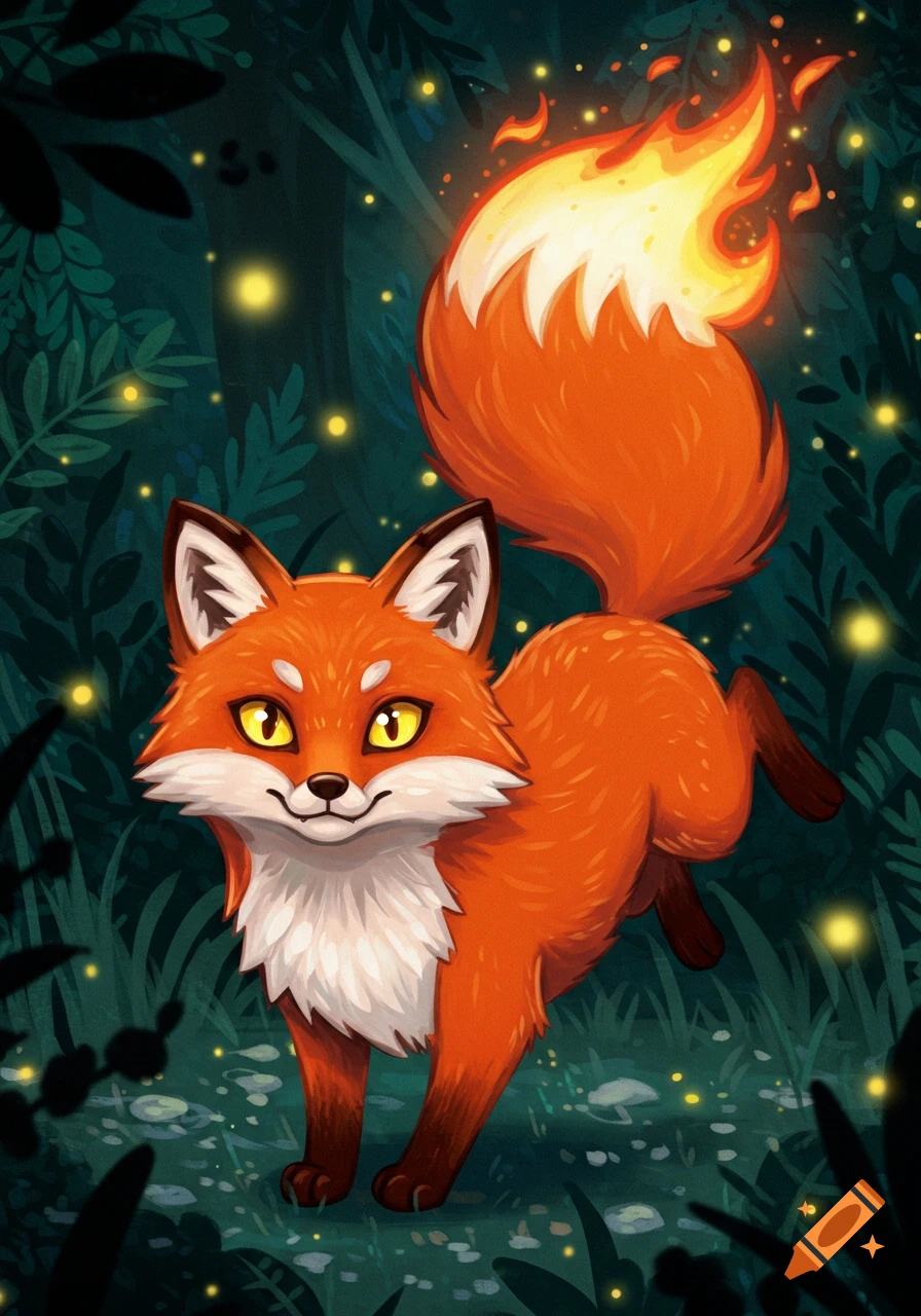 A cute cartoon fox with a fiery tail and bright yellow eyes, standing in a dark forest illuminated by glowing fireflies.