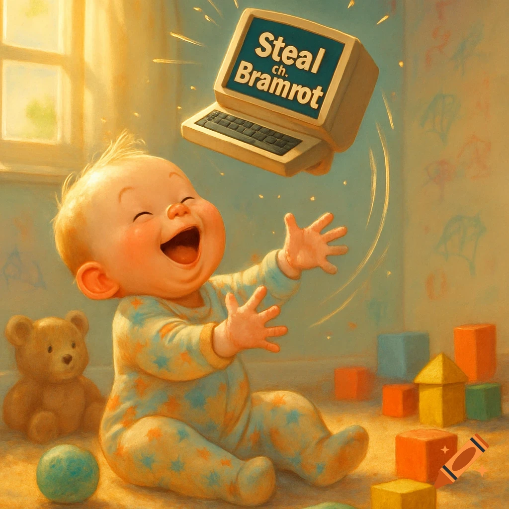 A happy baby in a star-patterned onesie laughs while a vintage computer floats in a sunlit playroom filled with toys.