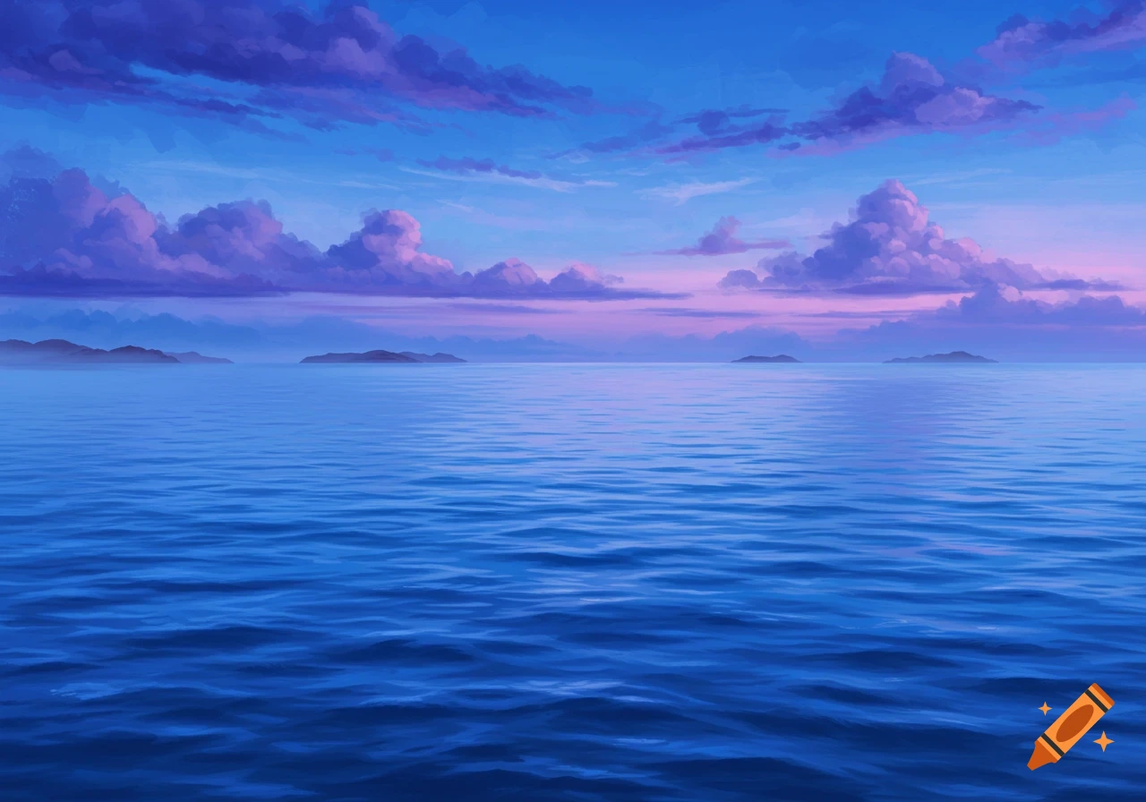 Illustrative ocean landscape with rippling blue water, distant islands, and a sky filled with purple and blue clouds.