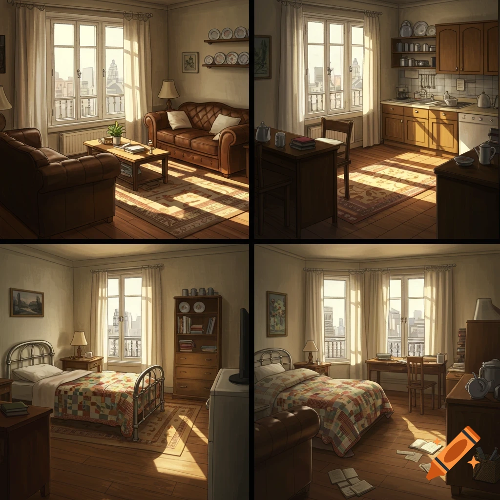 Four-panel illustration of an older apartment, showing a living room, kitchen, and two bedrooms with sunlight.