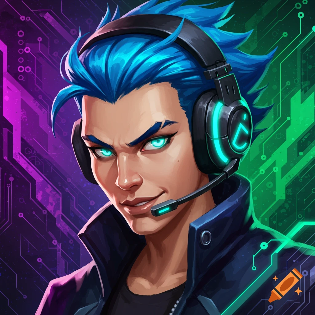 Anime-style portrait of a young man with spiky blue hair, glowing blue eyes, and gaming headphones, against a circuit board background.