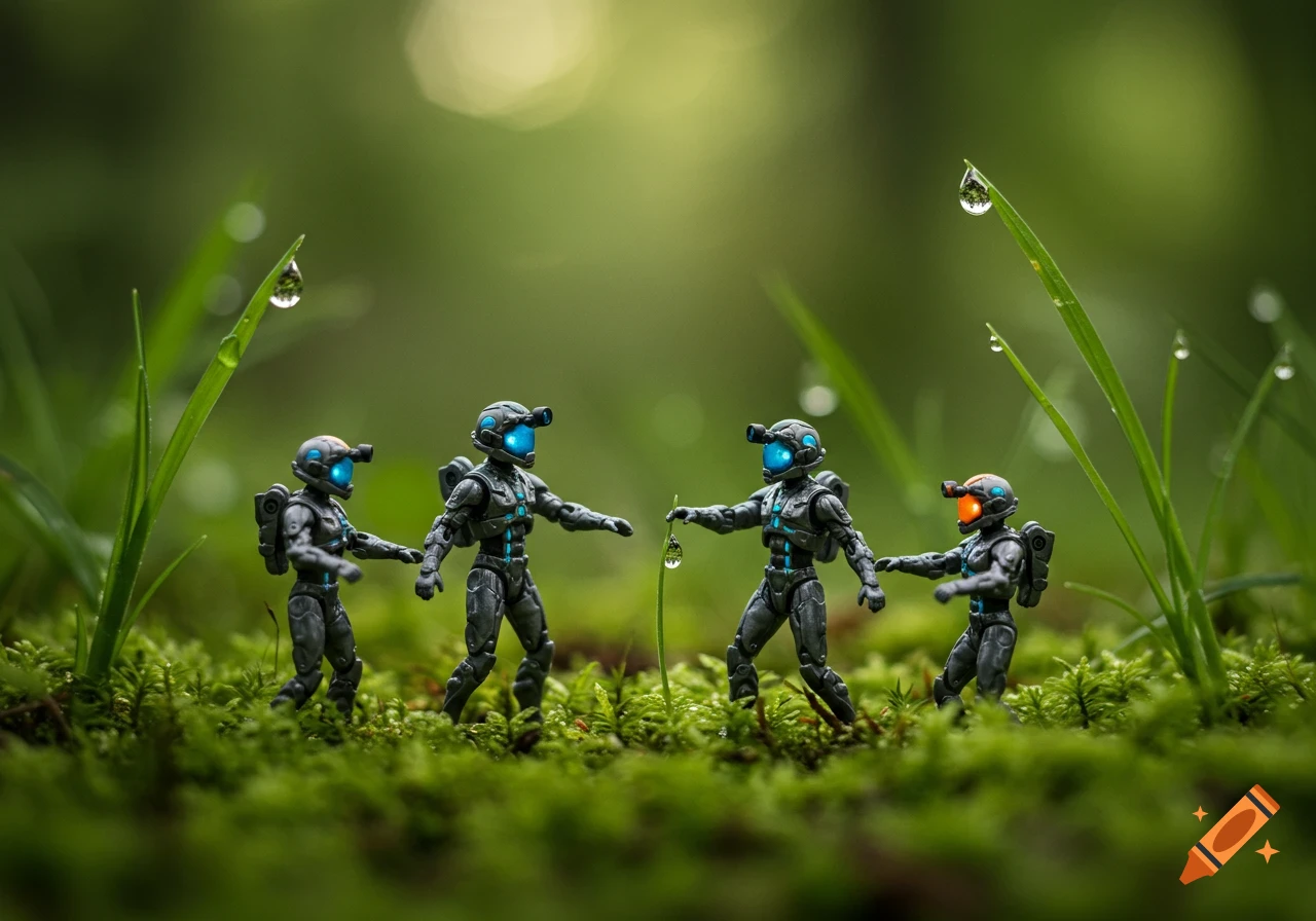 Four futuristic action figures stand in a lush, mossy forest floor with dew drops clinging to blades of grass.