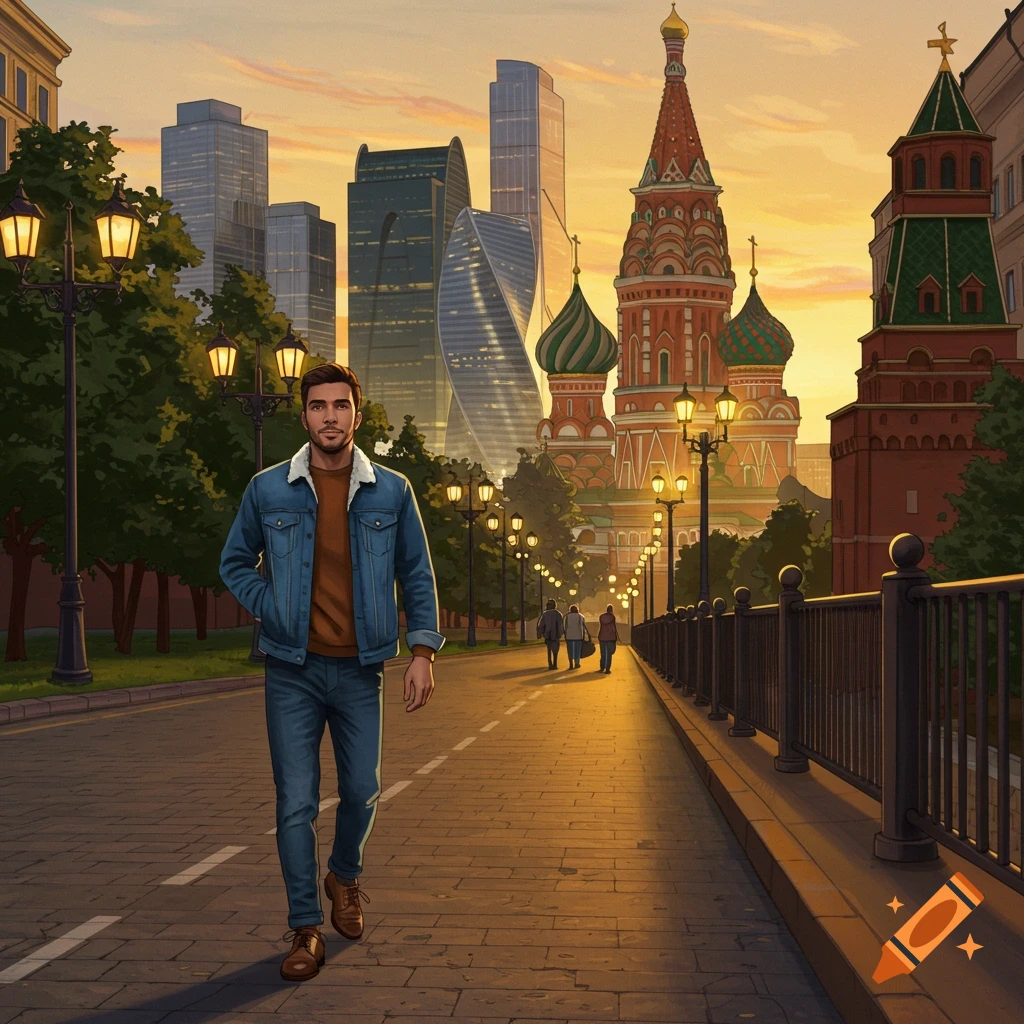 An illustrated man in a denim jacket walks down a city street with modern skyscrapers and a colorful cathedral under a sunset sky.