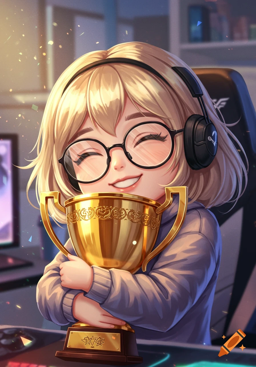A cute anime-style blonde gamer girl in glasses and headphones smiles, hugging a large gold trophy in a gaming room.