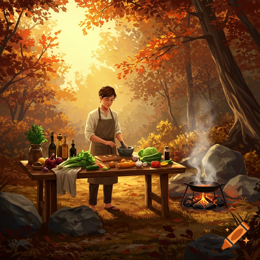A person in an apron cooks outdoors on a wooden table laden with vegetables, set in a vibrant autumn forest under glowing sunlight, digital art.