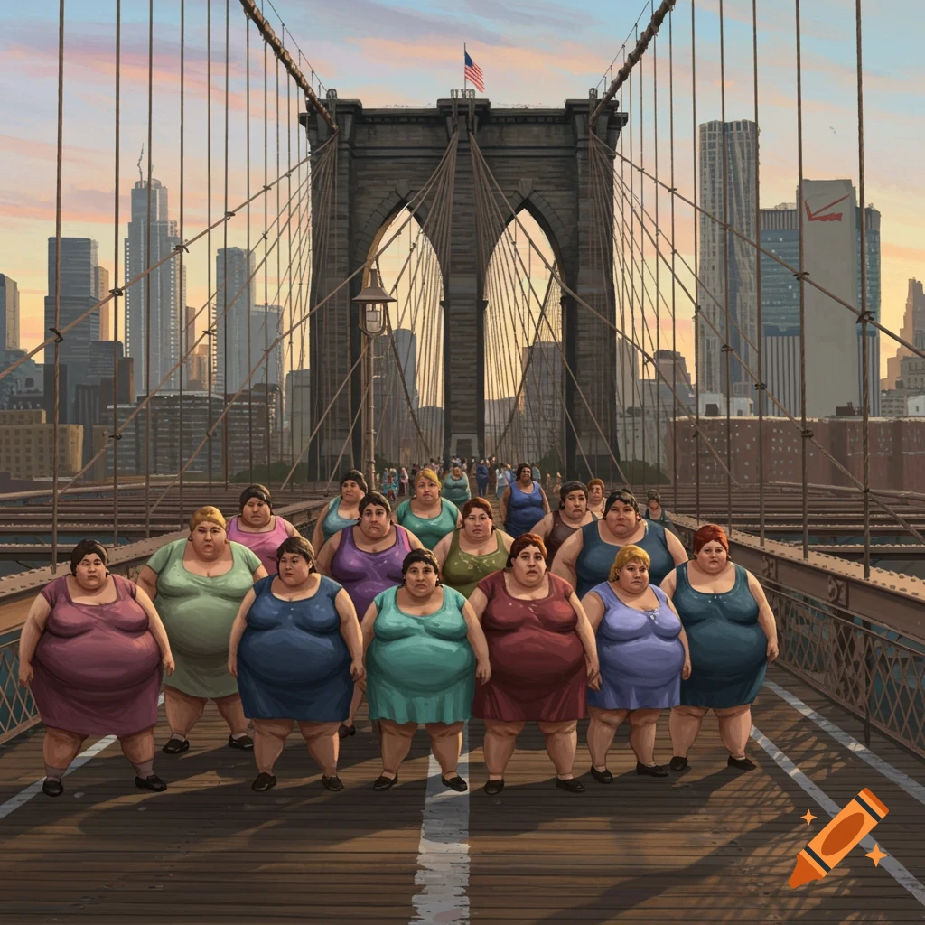 An illustration of a large group of extremely overweight people walking across the Brooklyn Bridge in a city.