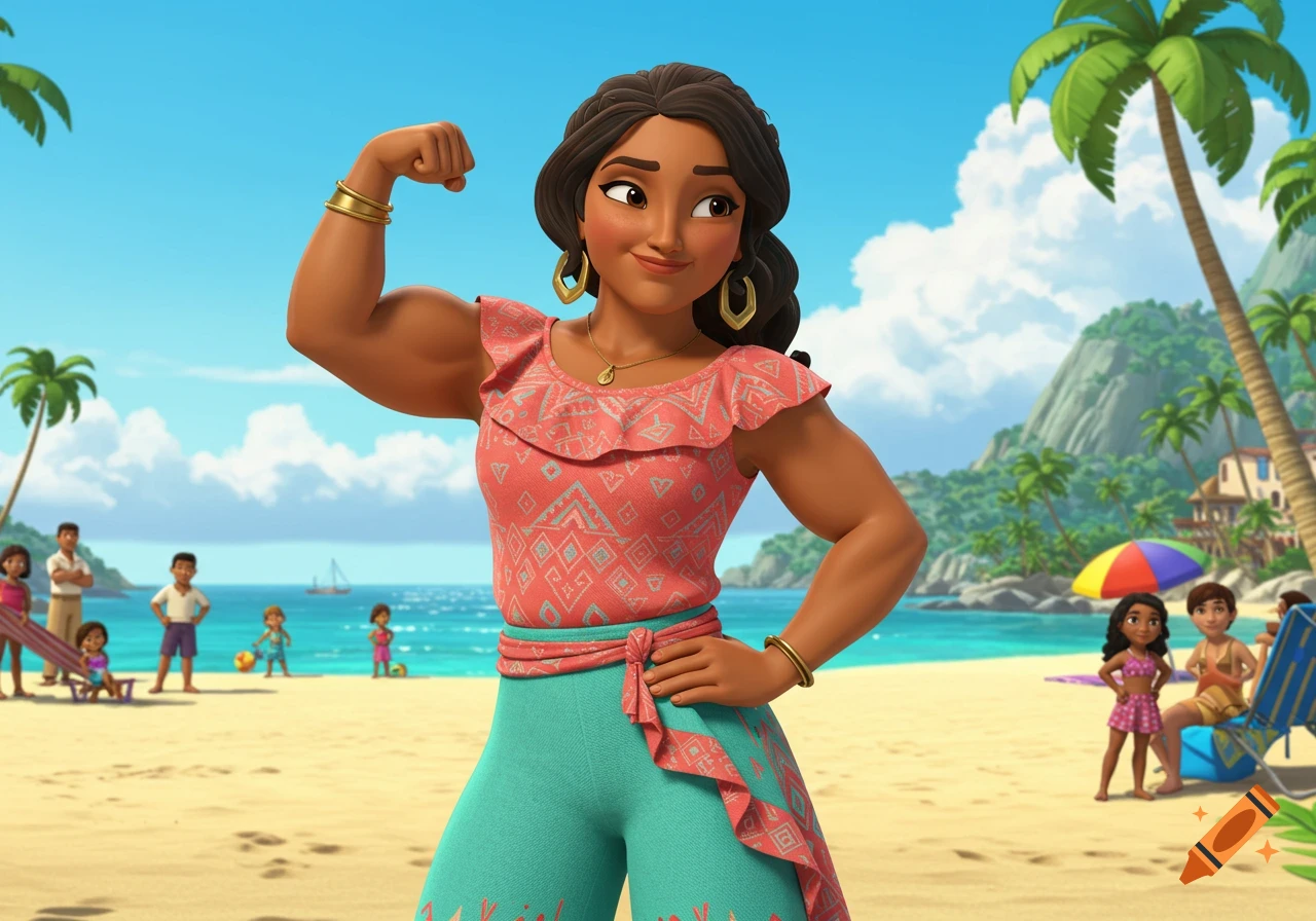 A cartoon woman with dark hair and tan skin flexes her bicep on a sunny beach with other people and palm trees.