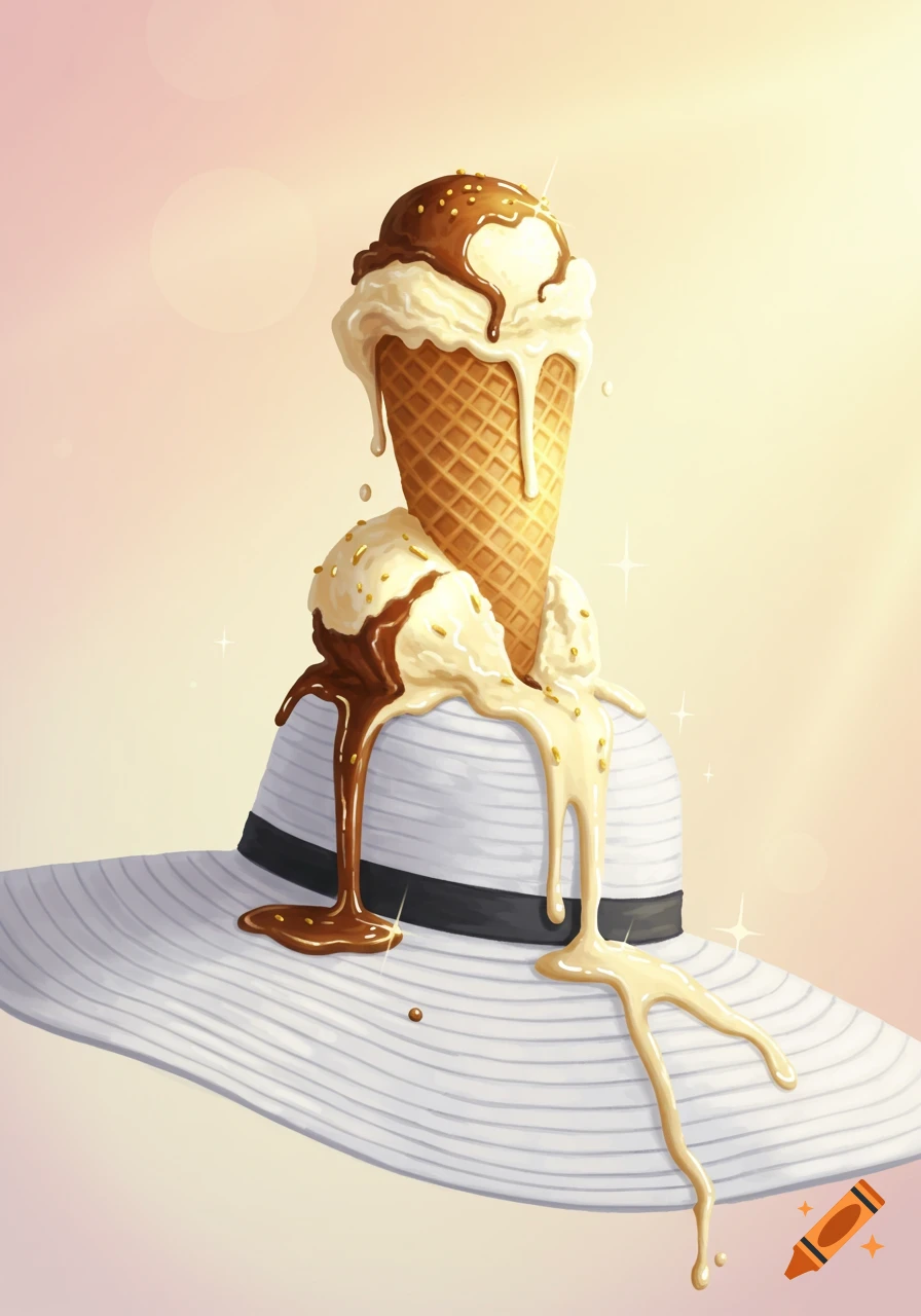 Illustration of melting vanilla and chocolate ice cream in a waffle cone, dripping onto a white sun hat under warm light.