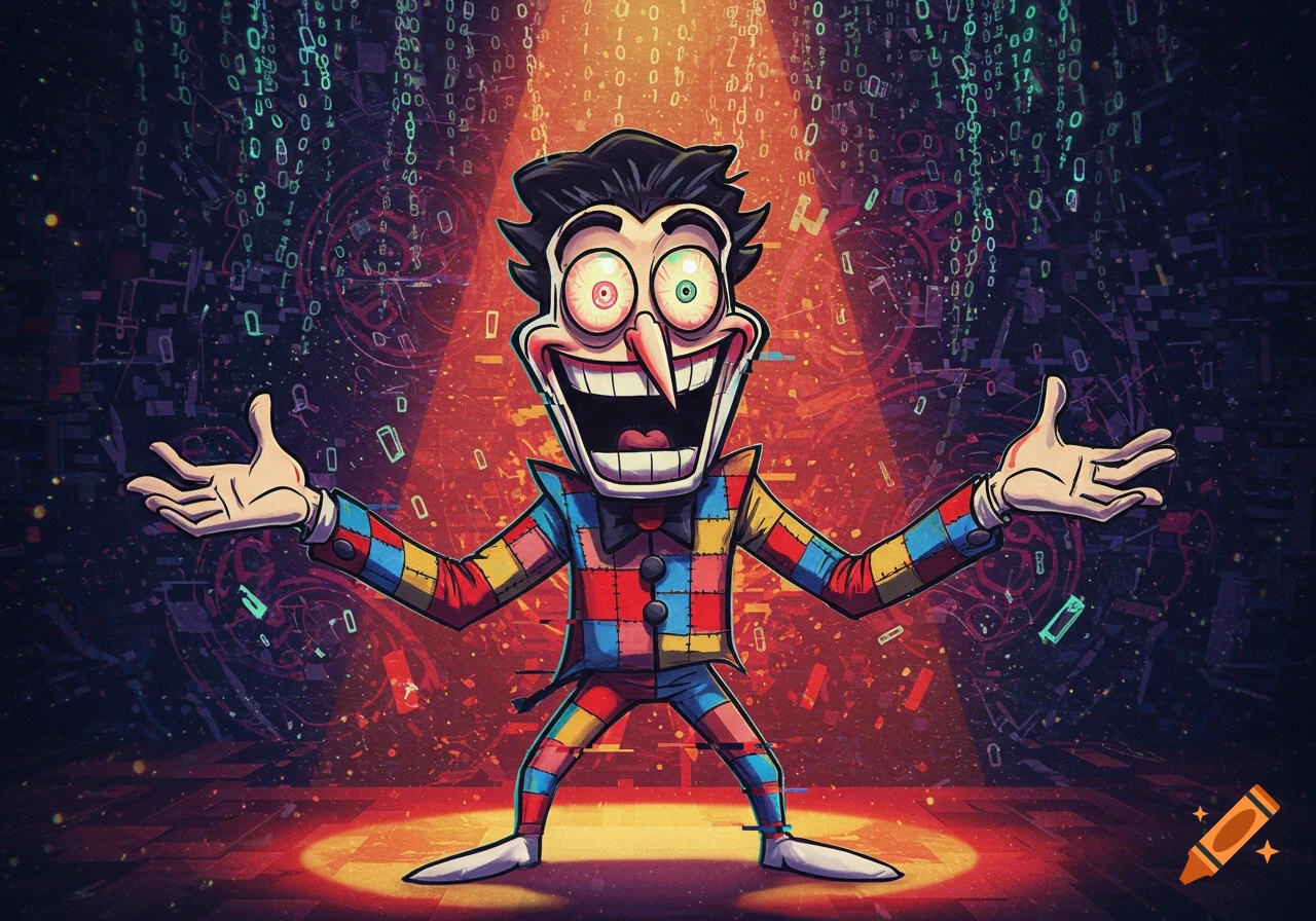 A manic cartoon character with a long nose and wide eyes, wearing a colorful patchwork suit, stands in a spotlight against a digital glitch background.