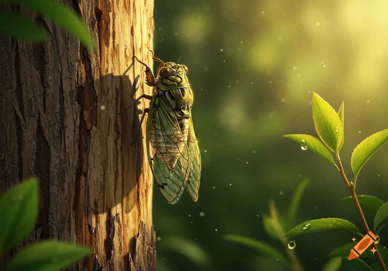 A vibrant green cicada clings to a tree trunk, bathed in warm sunlight, with lush green leaves and bokeh in the background.