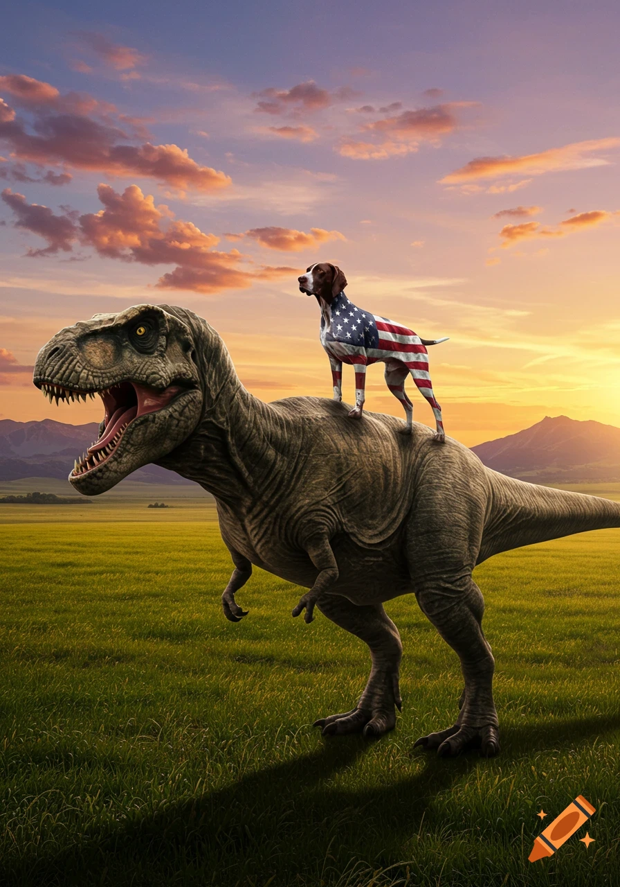 Photorealistic image of a brown and white dog in an American flag coat riding a T-Rex through a grassy field at sunset, with mountains.