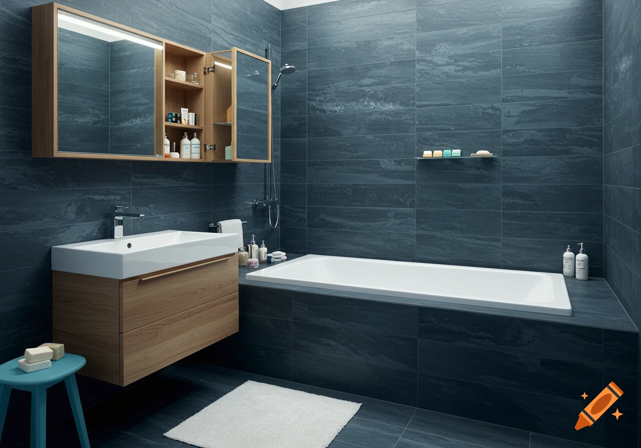A modern bathroom with dark blue tiles, a wooden vanity with a white sink, a mirror cabinet, a white bathtub, and a blue stool.