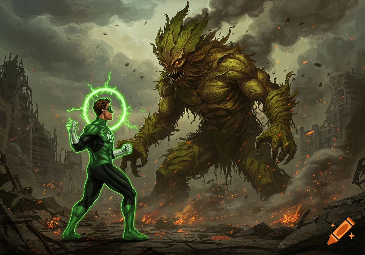 Green Lantern faces a giant, leafy monster in a destroyed city under a smoky sky, comic art style.