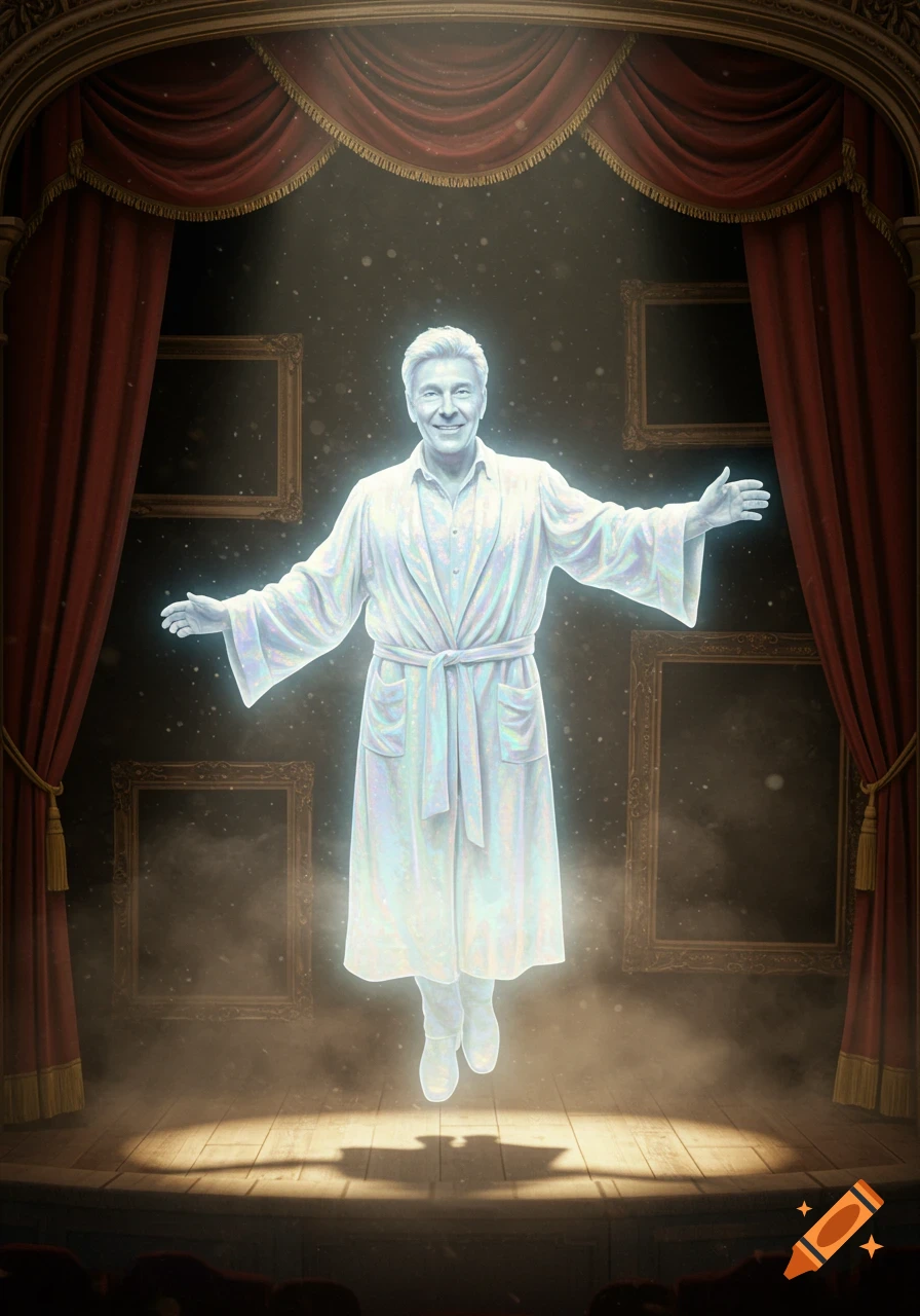 A glowing, translucent man in a white robe, resembling a ghost, floats on a spotlighted stage with red curtains and empty picture frames.