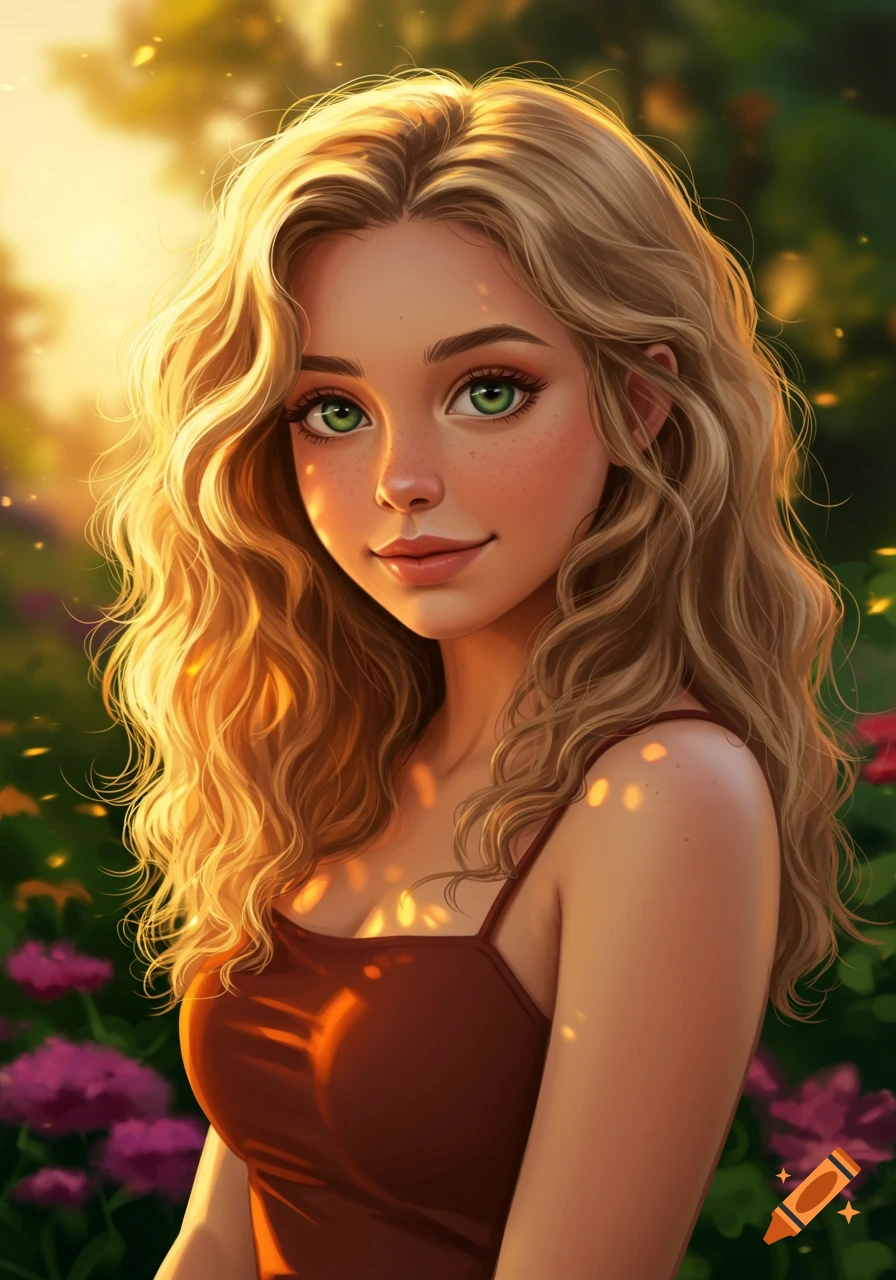 Digital art portrait of a smiling young woman with long curly blonde hair and green eyes in a sun-drenched garden.