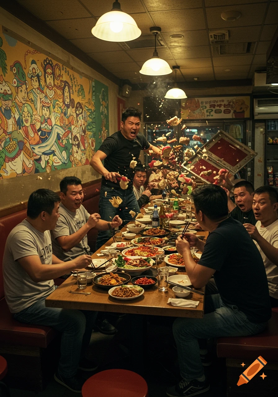 Photorealistic scene in a casual restaurant where an angry man flips a dinner table, scattering food, while other diners react in shock.