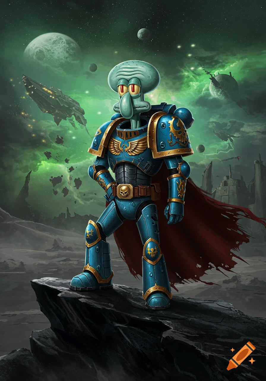 Squidward Tentacles as a blue and gold Space Marine, standing on a rocky alien planet with spaceships and green nebulae.