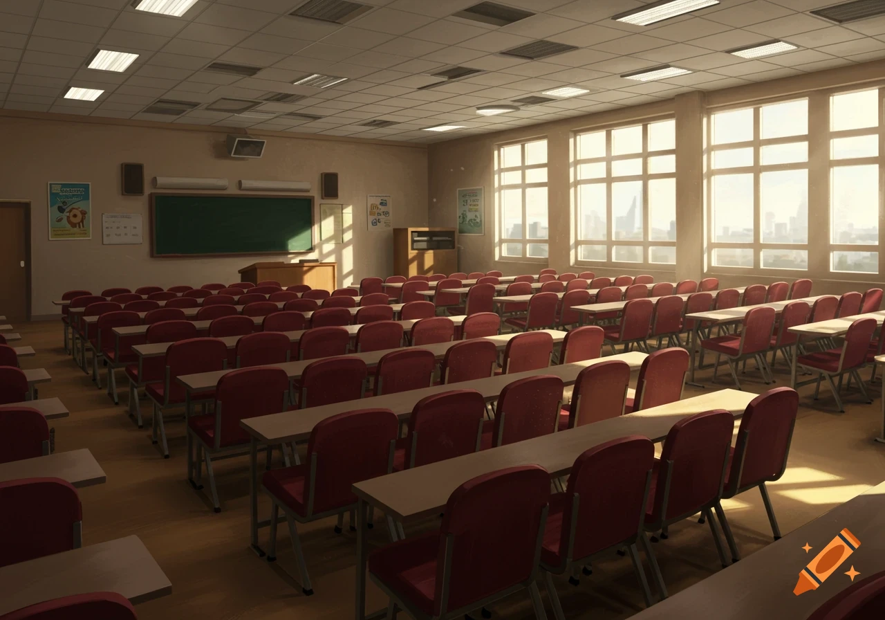 An empty lecture room with rows of maroon chairs and light-colored desks, a green blackboard, and large windows with sunlight streaming in.