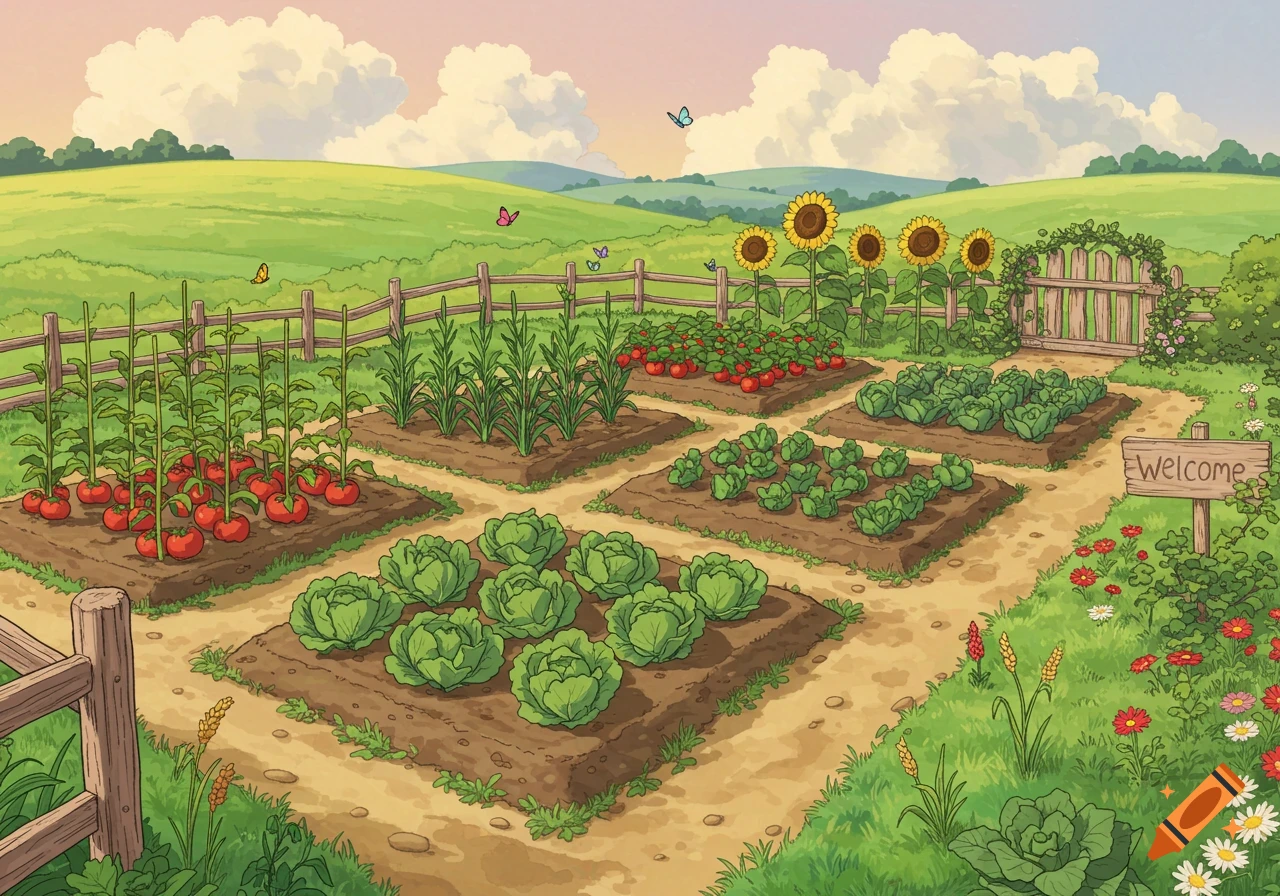 Vibrant studio Ghibli style illustration of a community garden with vegetable plots, sunflowers, a wooden fence, and a 'Welcome' sign.