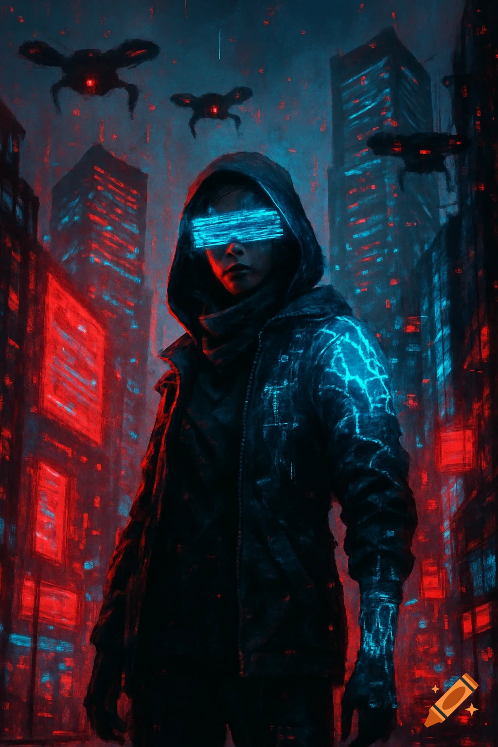 A hooded figure with a glowing blue visor stands in a dark, neon-lit cyberpunk city with red buildings and flying drones.