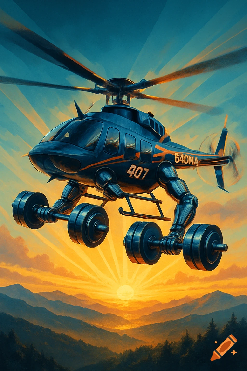 A stylized blue helicopter with robotic arms holding barbells flies over mountains at sunset, with a radiant sun.