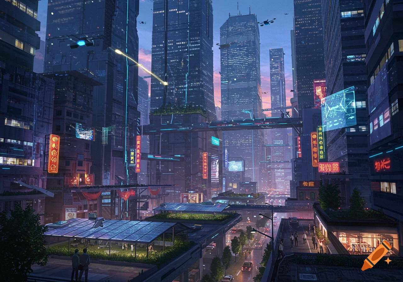 A vibrant, futuristic city with towering skyscrapers, neon signs, flying vehicles, and elevated walkways, set against a twilight sky.