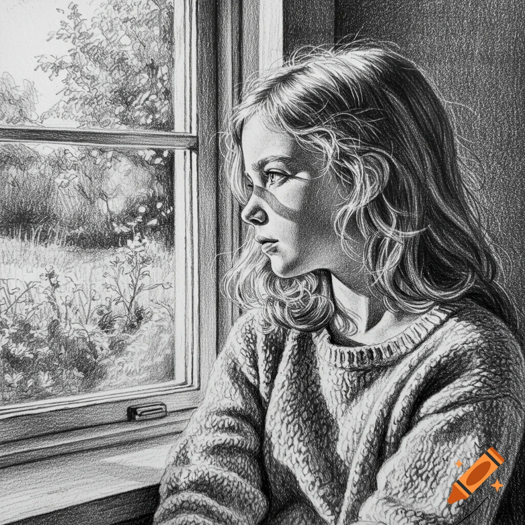 A black and white pencil sketch of a young girl with long, wavy hair looking thoughtfully out a window at outdoor foliage.