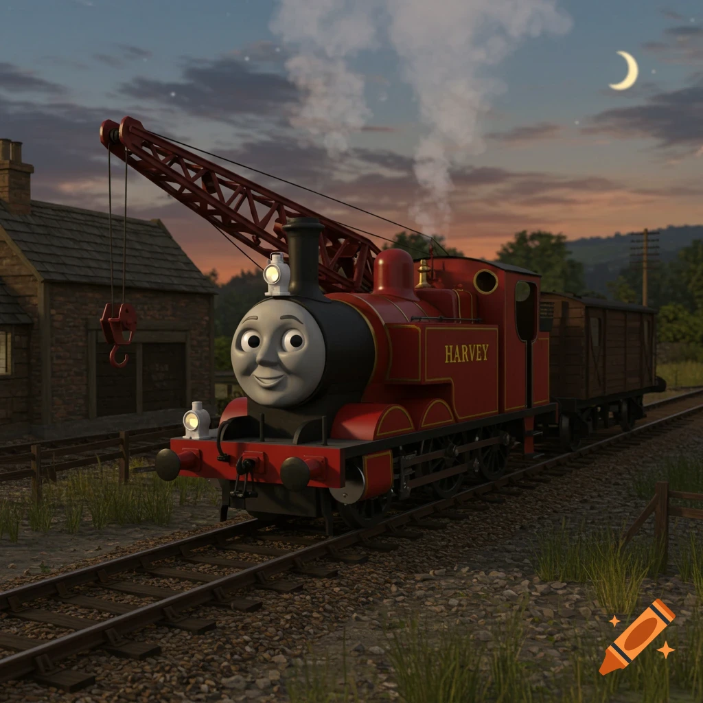 A smiling red crane engine named Harvey, in 3D animation style, sits on train tracks at dusk with a crescent moon.