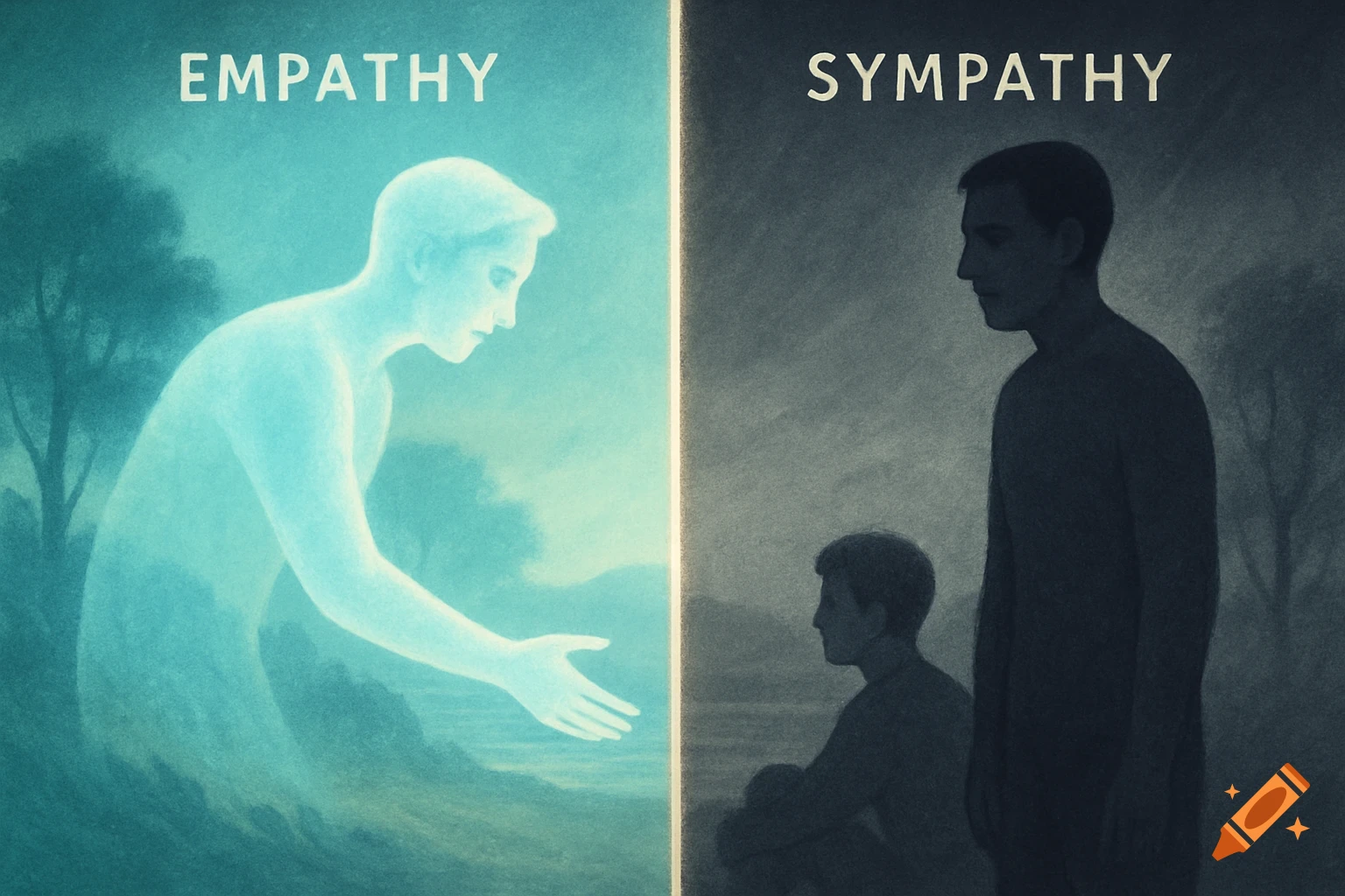 A split image illustrating empathy (glowing figure reaching out in light blue) and sympathy (shadowy figures observing in dark grey).