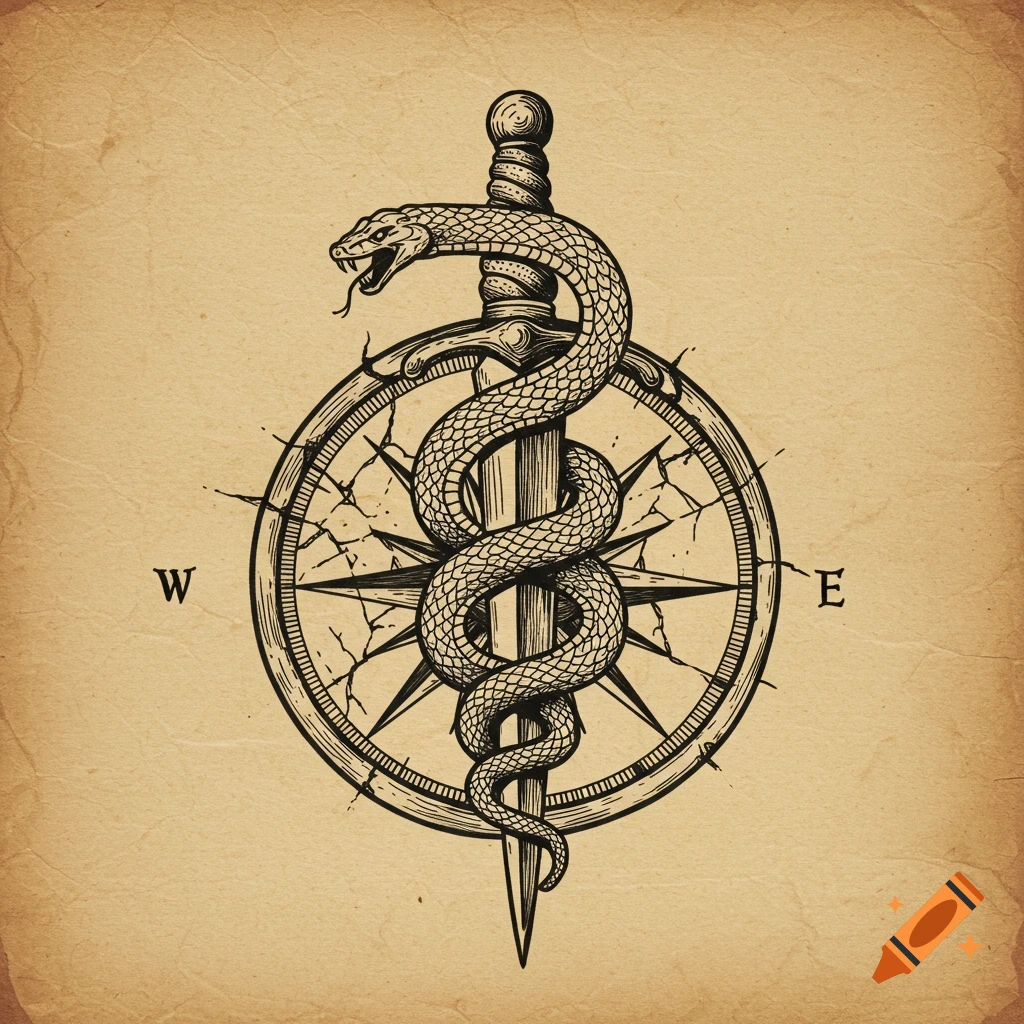 A stylized symbol of a serpent coiled around a dagger, set over a broken compass rose with 'W' and 'E' on aged parchment.