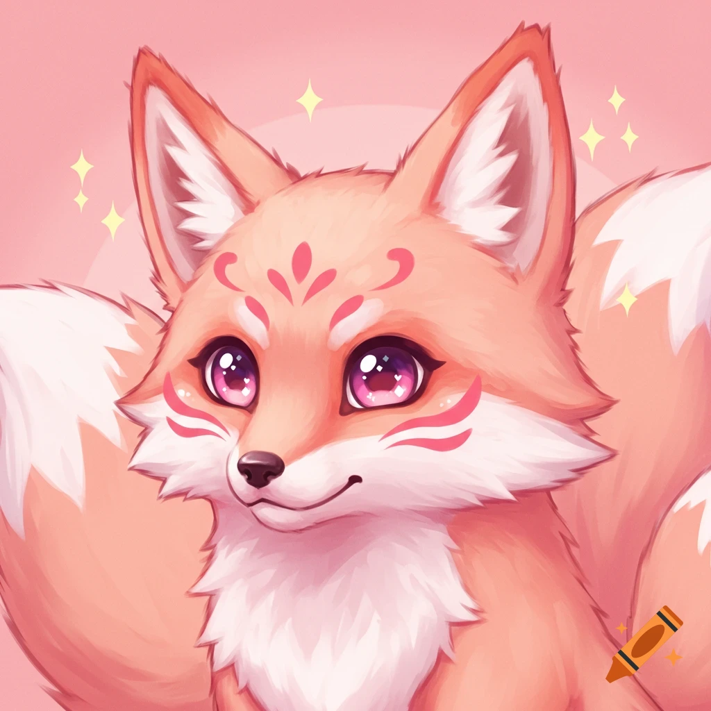 A cute, light pink kitsune with large purple eyes and pink facial markings, set against a pink background with sparkles.