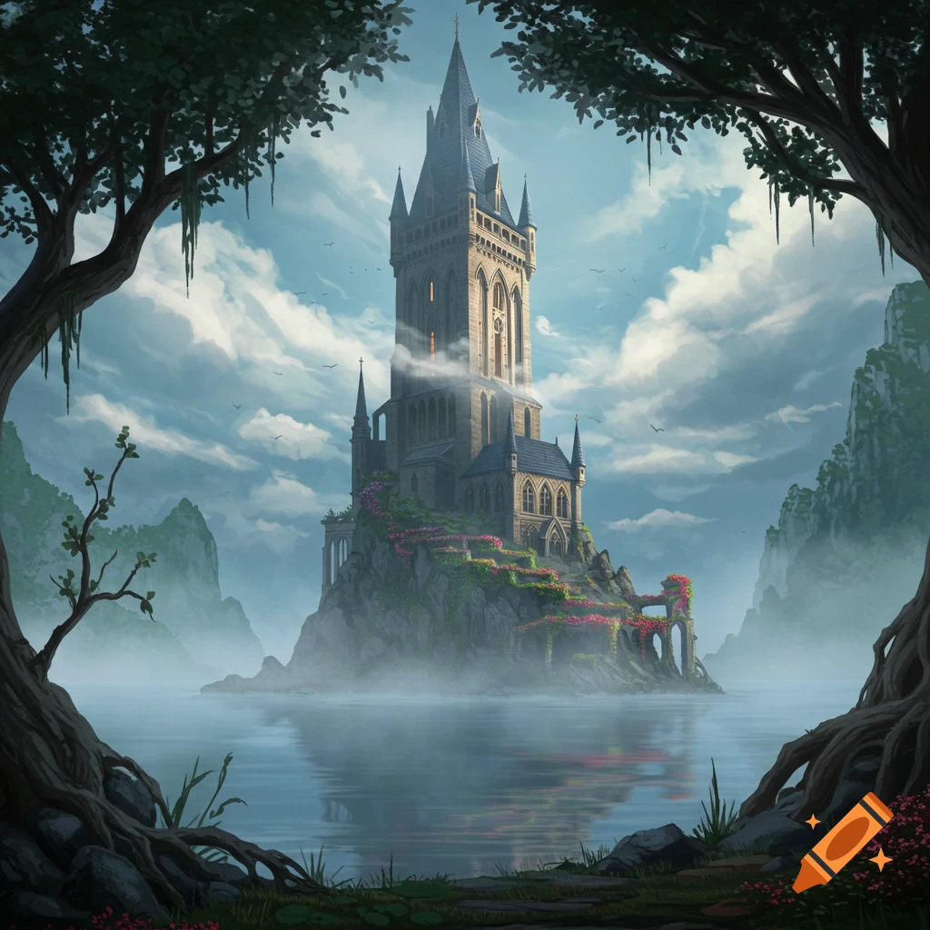 A tall, ornate fantasy tower on a rocky island, surrounded by a misty lake and framed by dark trees. Lush gardens adorn the island.