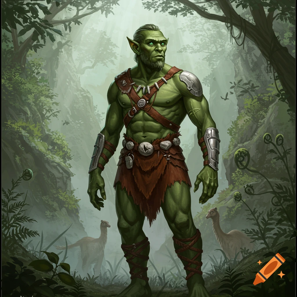 A muscular, green-skinned male fantasy creature with pointed ears stands in a lush, misty forest, looking to the right. Digital painting.